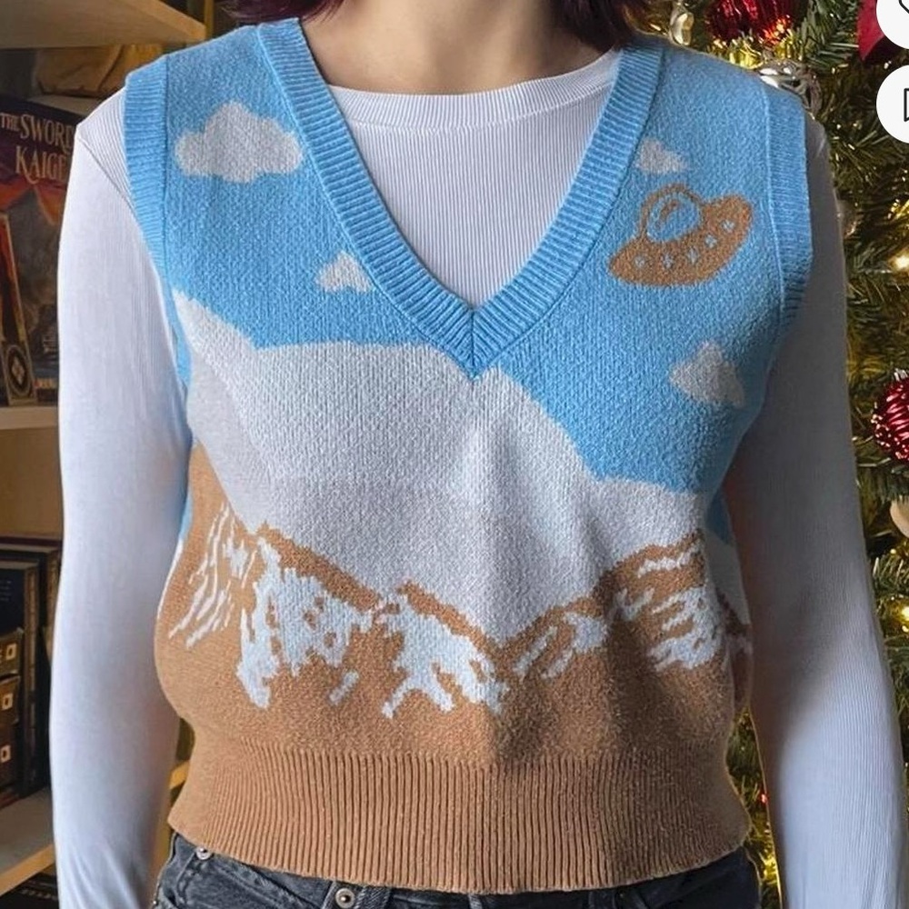 Forever 21 Blue and Tan V-Neck Sweater Vest